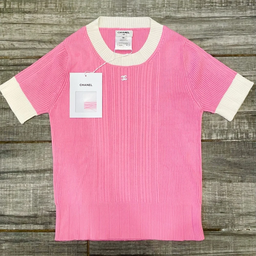 CHANEL | Tops | Chanel 23p Pink White Cc Logo Ribbed Stretch